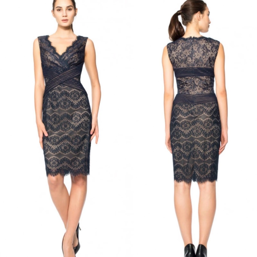 Tadashi Shoji Midnight Blue Lace V Neck Sleeveless Cocktail Dress Sz 10 Luxury
